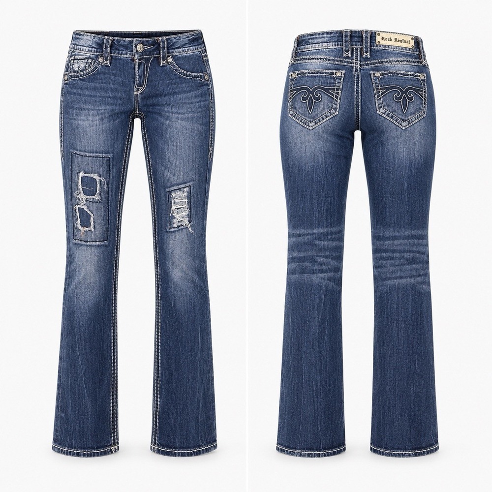 Mens Rock Revival Blake Straight  Designer Jeans  WOMEN 26 EMBELISHED WHISKERING